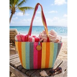 Colorful Striped Woven Beach Tote Bag Large Straw Jute Tote Wood Button